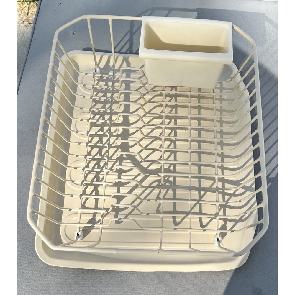 Vtg Rubbermaid Cream Dish Drying Rack Drainer Coated Wire Utensil Holder Tray